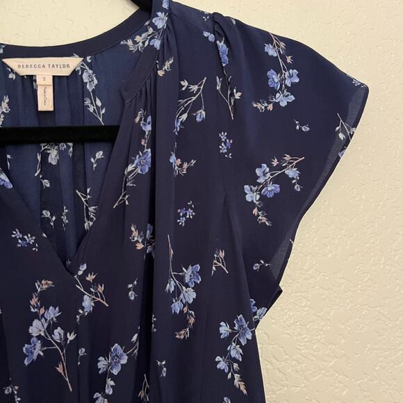 Rebecca Taylor Blue Floral Silk Smocked Waist Ruffle Hem Dress Size 2 - Picture 6 of 11